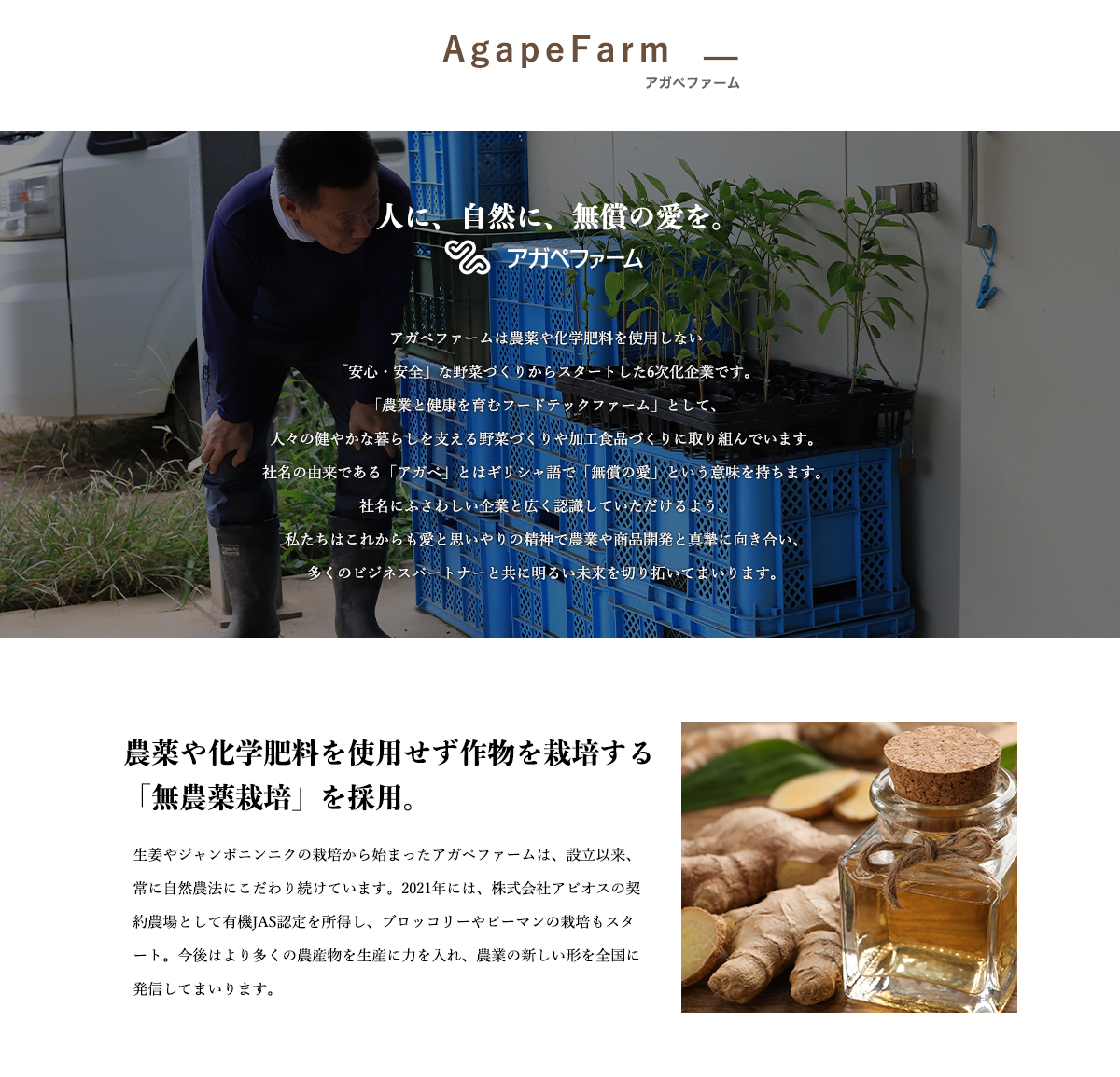 人に、自然に、無償の愛を。アガペファーム 農薬や化学肥料を使用せず作物を栽培する 「無農薬栽培」を採用。
